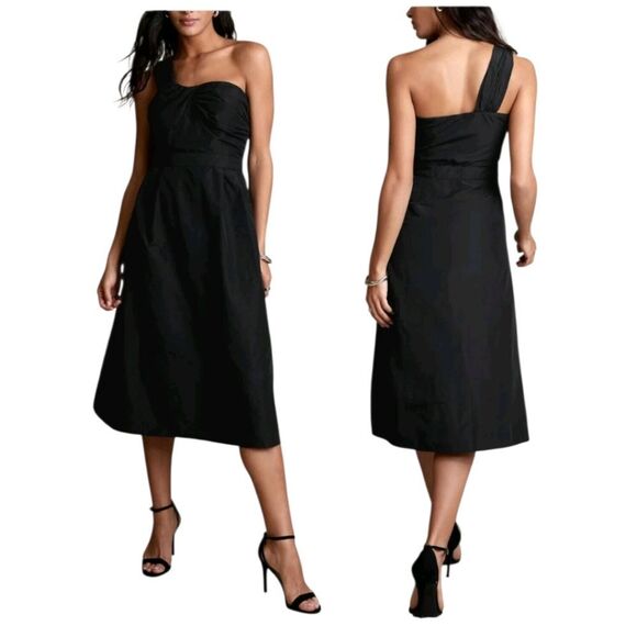 Banana Republic One Shoulder Romantic Goth Casual Midi Dress Size 6 Black NWT - Picture 3 of 14